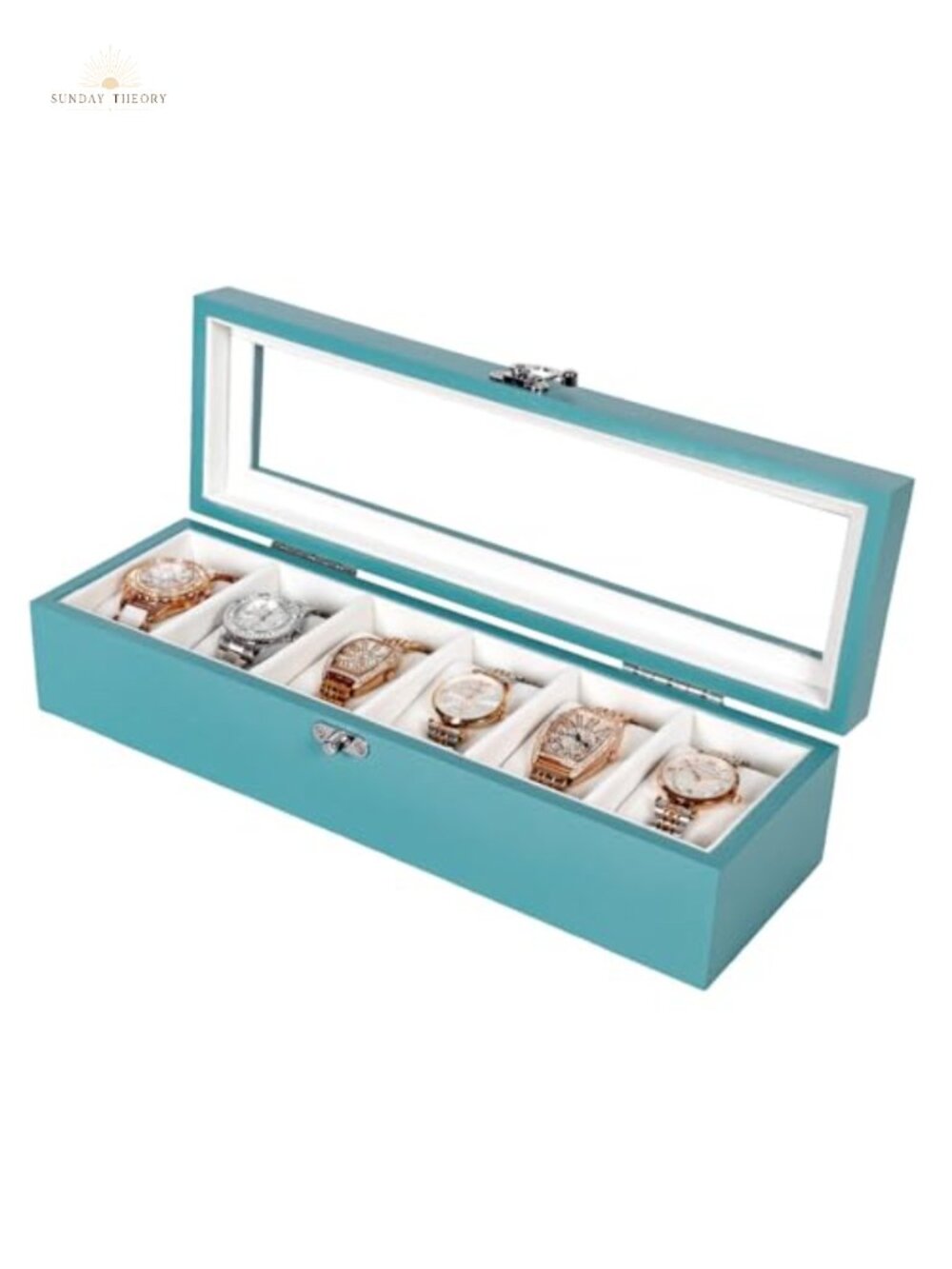 Wooden Watch Box with Glass Lid 6 Slot Velvet Lining Rustic Display Case